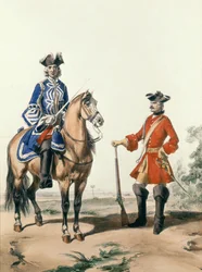 Probstmarschall der Gendarmerie und ein Mitglied der Militärpolizei im Jahr 1724, graviert von D. Noirmont