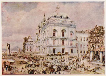 Bau des Palast-Klosters von Mafra, Portugal (Farblithografie)