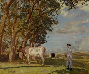 Sommermorgen, eine Milchmagd und Vieh