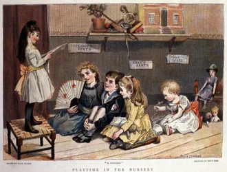 Kinderspiele: „Das Konzert“. Ein kleines Mädchen singt vor einem Publikum aus Kindern und Spielzeugen. Zeichnung von Alice Havers. 1877