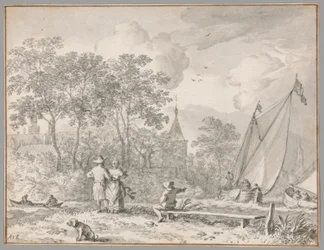 Landschaft mit eleganten Figuren an einem Fluss, mit Booten rechts und einer Stadt hinter Bäumen dahinter