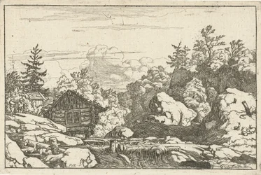 Landschaft mit Hütte bei einem Wasserfall