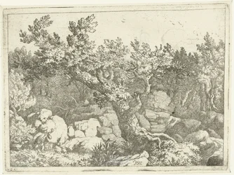 Landschaft mit Jäger bei großem Baum