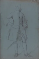 Mann, der einen Stab in der linken Hand hält, Ganzfigur