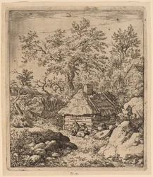 Landschaft mit Mühlstein nahe einem Fass
