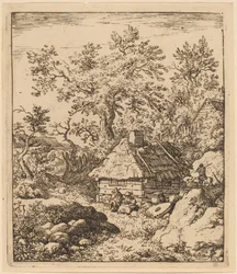 Landschaft mit Mühlstein in der Nähe eines Fasses, wahrscheinlich ca. 1645-1656