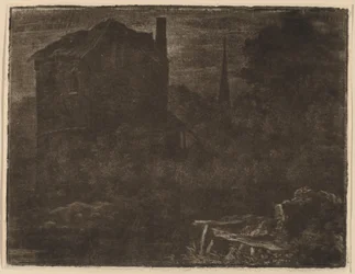 Nächtliche Landschaft mit Haus und Kirchturm