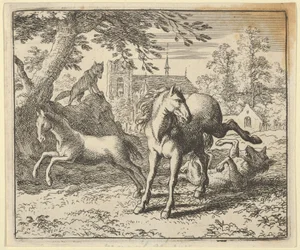 Renard geht mit dem Dachs zum Hof, um den Zorn des Löwen zu besänftigen, 1650-75