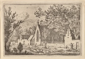 Schweinehirte in der Nähe einer Kapelle