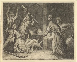 Die Katze, die in einer Schlinge gefangen ist, wird von den Leuten aus dem Haus misshandelt, 1650-75
