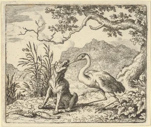 Der Storch entfernt einen Knochen aus dem Hals des Wolfs aus Hendrick van Alcmars Renard, 1650-75
