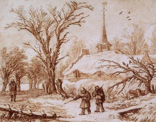 Reisende auf einer Straße in der Nähe eines Dorfes im Winter