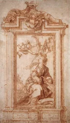 Architektonisches Design mit weiblicher Figur und Putti