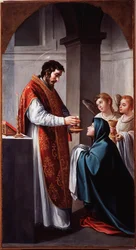 Die Jungfrau empfängt die Kommunion von Johannes dem Täufer. Gemälde von Alonso Cano (1601-1667)