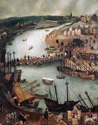 Die Stadt Sevilla. Detail: Hafen und Handelstätigkeit, Ende des 16. Jahrhunderts