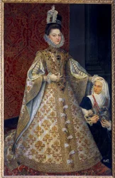 Ganzkörperporträt der Infantin von Spanien Isabelle Clara Eugenie von Habsburg, Herrscherin der Niederlande, und Magdalena Ruiz
