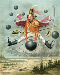 Baron Münchhausen reitet während des Kampfes gegen Tipu auf einer Kanonenkugel, aus „Die Abenteuer des Baron Münchhausen“ von Rudolf Erich Raspe (1736-94), veröffentlicht um 1886