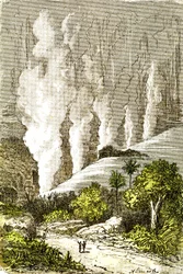 Prähistorie- Katarakte des Sambesi: Natürliche Schöpfung und Lebewesen. Zeichnung von A. Demarle. 1885