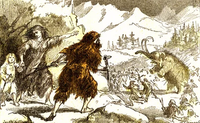 Vorgeschichte-Mammutjagd. Eiszeit: Natürliche Schöpfung und Lebewesen. Zeichnung von A. Demarle. 1885