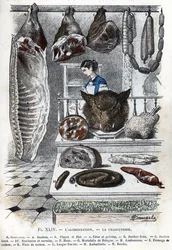 Ansicht von Aufschnitt. Ein halbes Schwein (ein Schinken, Aloyau, Rippen und Brust), frischer Schinken, geräucherter Schinken, Würste und Cerevelas, Hure, Mortadella aus Bologna, Schinken, Schweinekäse, Schweinefüße, gefüllte Zunge, Andouillette, Blutwurst