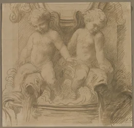 Brunnen mit Putti, die auf Delfinen reiten