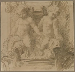 Brunnen mit Putti, die auf Delfinen reiten, zweite Hälfte des 19. Jahrhunderts