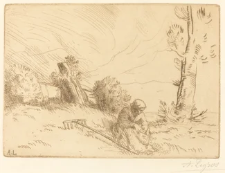 Bäuerin sitzt nahe einer Hecke