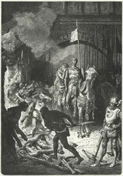 El Cid, begleitet von seiner Frau Dona Jimena, überwacht den Bau des Scheiterhaufens von Ahmed, maurischer König von Valencia