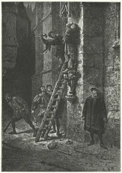 Protestanten zerstören eine Statue der Jungfrau und des Kindes auf Notre Dame, Paris