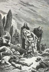 Edith mit Schwanenhals findet den Leichnam von König Harold auf dem Schlachtfeld von Hastings 1066 (Gravur)