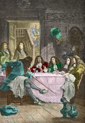 Jean de La Fontaine, Nicolas Boileau Despreaux, Molière und Racine speisen in einem Kabarett (Gravur)