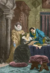 Maria de Medici unter dem Einfluss von Concino Concini und Leonora Dori (Gravur)