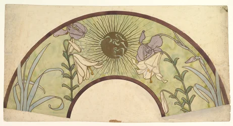 Entwurf für einen Fächer mit Sonnenstrahlen, Lilien und Schwertlilien