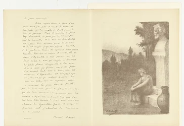 Illustration mit Frau, die neben einer Büste eines Mannes und einem Wasserkrug bei dem Gedicht La jarre couronnée von Marcel Schwob sitzt