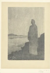 Stehende Frau am Wasser schaut auf den Mond (L