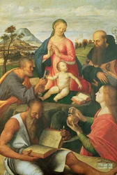Madonna und Kind mit den Heiligen Petrus, Hieronymus und Maria Magdalena mit einem Bischof, 1500