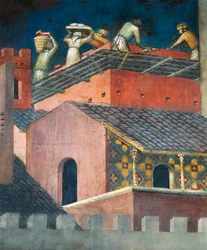 Auswirkungen der guten Regierung in der Stadt, Maurer bei der Arbeit, Detail aus der Allegorie und den Auswirkungen der guten und schlechten Regierung in Stadt und Land