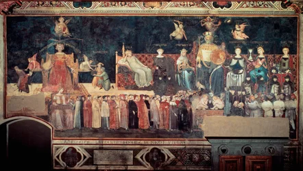 Auswirkungen guter und schlechter Regierung auf Stadt und Land (Allegoria del buon e del cattivo governo): Detail, das gute Regierung darstellt (Allegorien von Frieden, Großmut, Klugheit, Mäßigung, Gerechtigkeit). Fresko von Ambrogio Lorenzetti (1290-1348)