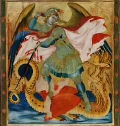 Erzengel Michael tötet den Drachen zwischen den Heiligen Benedikt und Bartholomäus