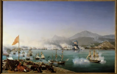 Griechischer Unabhängigkeitskrieg: „Ansicht der Seeschlacht von Navarin am 20.10.1827“ Sie fand in der Bucht von Navarin (Pylos, westlicher Peloponnes) zwischen der osmanischen Flotte und einer französisch-englisch-russischen Flotte statt. Gemälde von Ambr