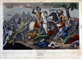 Schlacht von Poitiers: Karl Martell besiegt zwischen Tours und Poitiers Abd al-Rahman I oder Abderamane I (Abd al-Rahman) (731-788), König der Sarazenen im Jahr 732 - Entworfen und graviert von Ambrose Tardieu im Jahr 1825