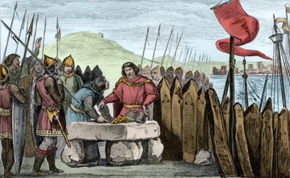 Karl III. der Dicke (839-88) zahlt den Wikinger-Invasoren im Jahr 886 - Karl III. der Dicke (839-888) Kaiser des Westens (881-887) und Regent von Frankreich (884-887) lagerte unter den Mauern von Paris, ohne sich zu trauen, gegen die Normannen zu kämpfen, 