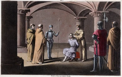 Childerich III. wird von Pippin dem Kurzen in ein Kloster in Saint Omer zwischen 742 und 749 verbannt. Gezeichnet und graviert von Ambroise Tardieu im Jahr 1825