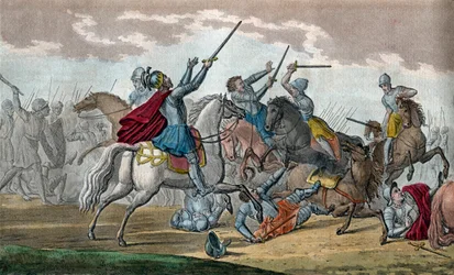 Chlodwig I (466-511), König der Franken, Dynastie der Merowinger - Während der Schlacht von Tolbiac gegen die Alemannen gelobte er, zum Katholizismus zu konvertieren, wenn Gott ihm den Sieg gewährt - Zeichnung und Gravur von Ambroise Tardieu, 1825