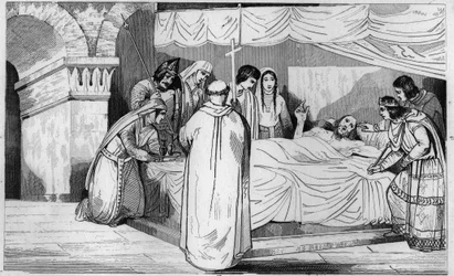 Tod von Pepin von Herstal (635-714) umgeben von seiner Familie - Tod von Pepin de Herstal (Großvater von Pepin le Brief), umgeben von seiner Familie und in Anwesenheit von Dagobert III (im Jahr 714) - Gravur 1825 in „Histoire de France represented by synop