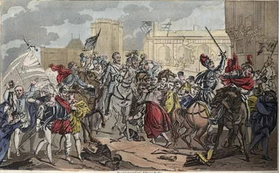 Einzug von Heinrich IV. in Paris: Heinrich IV. (1553 - 1610). Die Konversion des Königs zum Katholizismus brachte den letzten Schlag gegen die Liga, öffnete die Tore von Paris und das Herz seiner Untertanen im Jahr 1594. - Zeichnung und Gravur von Ambroise