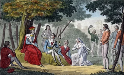 Ludwig IX., bekannt als „Saint-Louis“ (1214-1270), spricht allen seinen Untertanen im Wald von Vincennes Recht - Entworfen und graviert von Ambroise Tardieu im Jahr 1825.