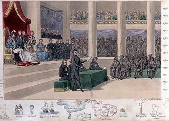 Ludwig XVI. (1754-1793) bei der Versammlung der Notabeln, Einberufung der Generalstände und Rückruf von Necker 1787 nach einer politischen Krise als Reaktion auf den königlichen Absolutismus von Ludwig XVI. - Gezeichnet und graviert von Ambroise Tardieu im