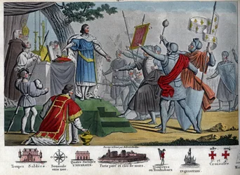 Philipp II. (1165-1223), Kapetinger König, bekannt als „Augustus“, schlägt vor, seine Krone seinen Soldaten zu geben, wenn sie in der Lage sind, sie einen Tag vor der Schlacht von Bouvines zu behalten, aber alle ziehen es vor, ihren König zu behalten. Durc