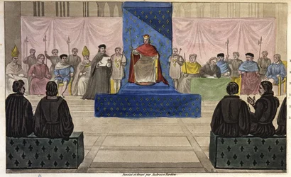 Philipp IV. versammelt im Louvre die Generalstände, bestehend aus Klerus, Adel und prominenten Bürgern oder dem dritten Stand, der erstmals 1301 zugelassen wurde - entworfen und graviert von Ambroise Tardieu im Jahr 1825.